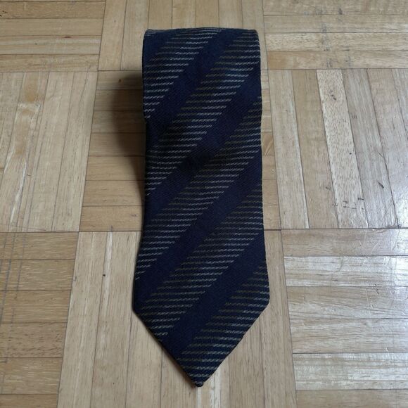 Vintage Georgio Armani Necktie Striped Rayon Wool Knit Black Gold Made in Italy - Picture 1 of 7